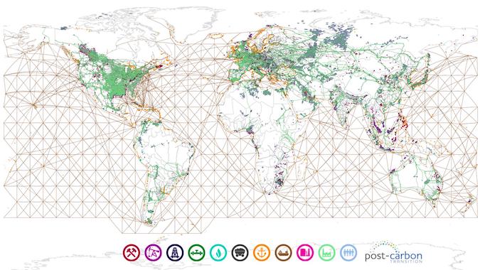 A world map illustrating the global fossil fuel supply chain, with lines of several different colors showing fuel sources and transit routes