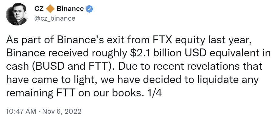 Crypto Exchange Binance Dumping All FTX Token Holdings — CEO Cites 'Recent Revelations'