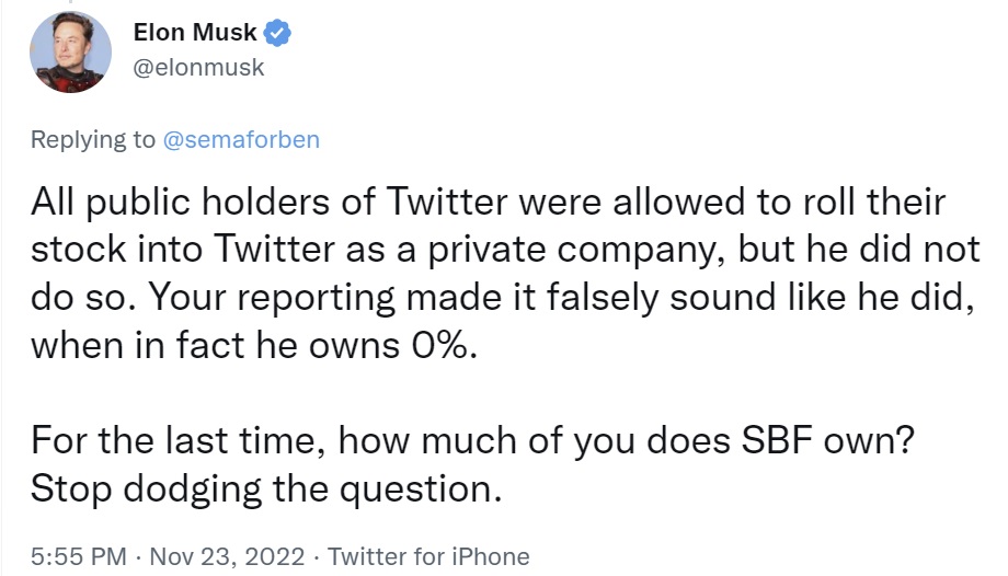 Elon Musk Confirms Bankman-Fried Owns 0% of Twitter Dismissing Reports Claiming a $100M Stake