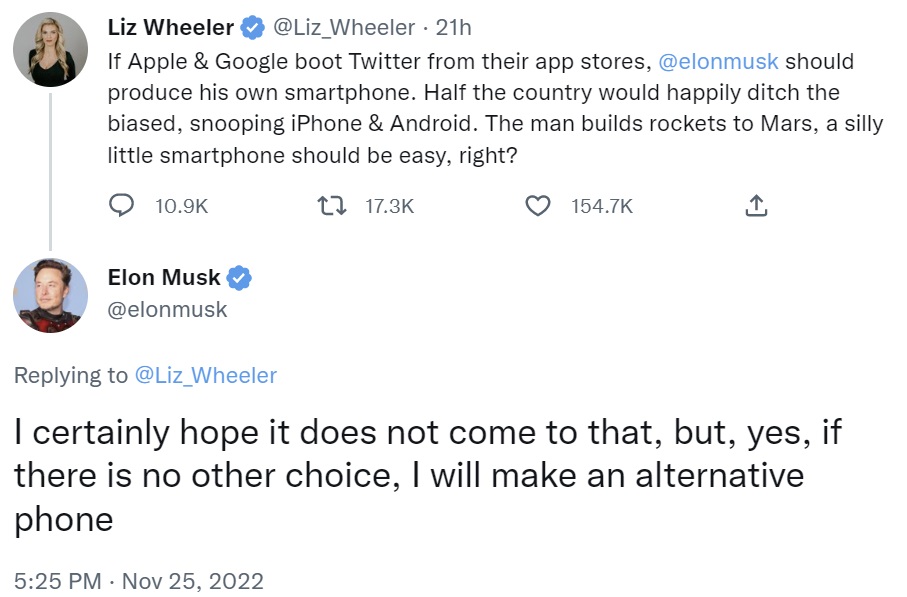 Elon Musk Plans to Launch Alternative Phone if Apple, Google Boot Twitter off Their App Stores