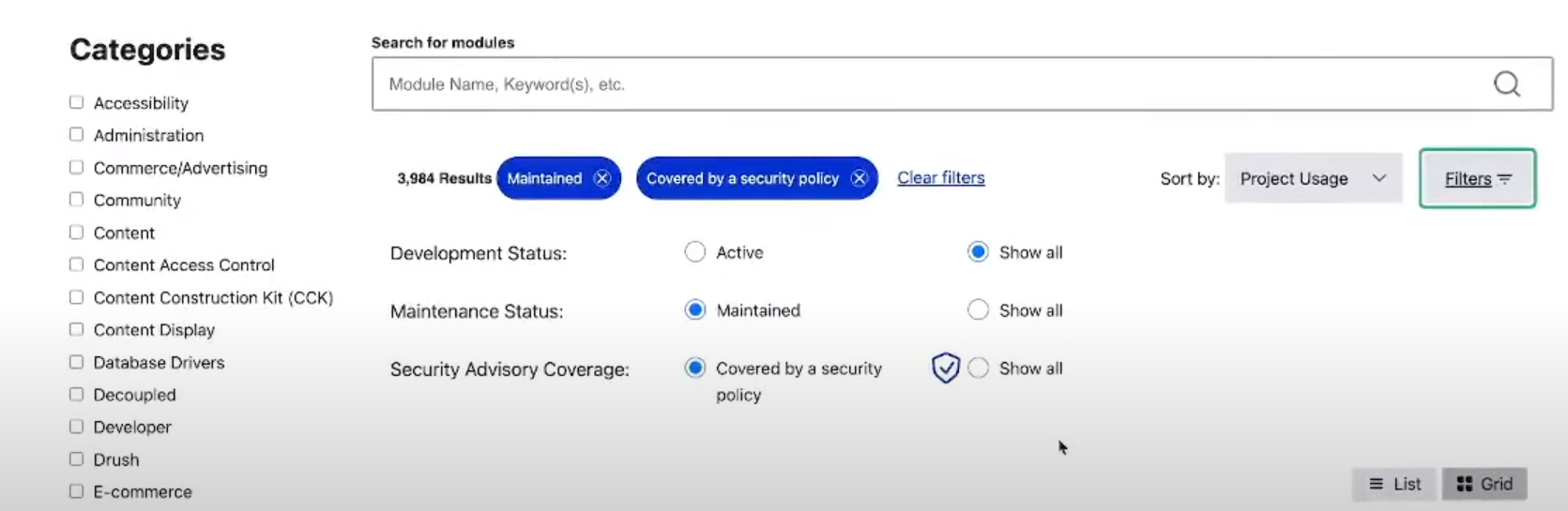 Image of Project Browser's recommended default filters.